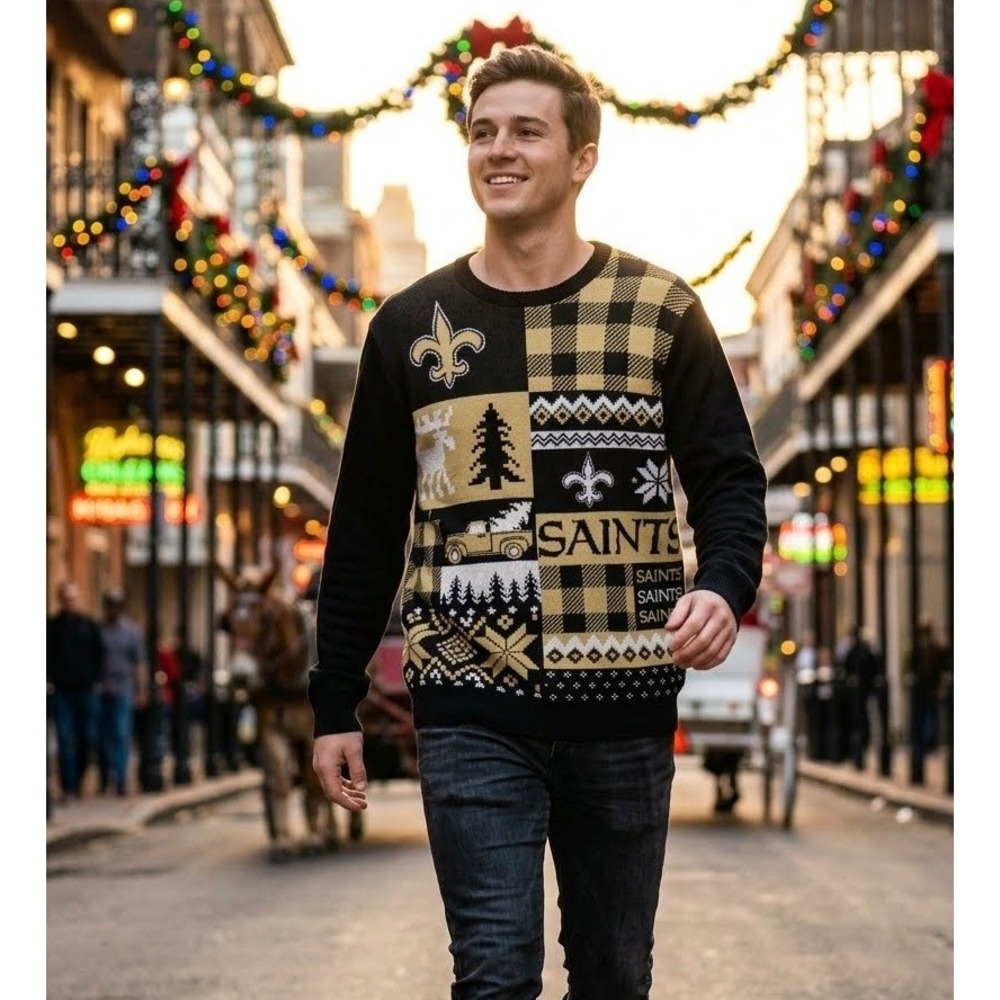 NFL New Orleans Saints Ugly Christmas Sweater L Buffalo Plaid Fair Isle Holiday
